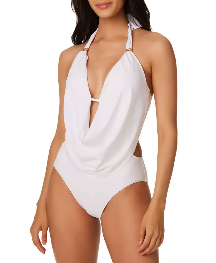 Bar III Solid Cowlneck One Piece Swimsuit