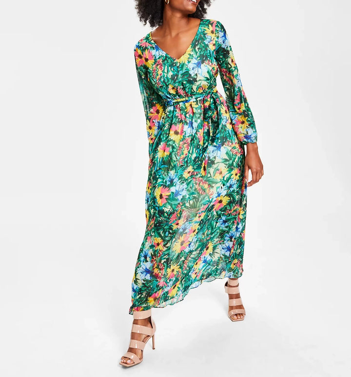 I.N.C. International Concepts Floral-Print Long-Sleeve V-Neck Maxi Dress