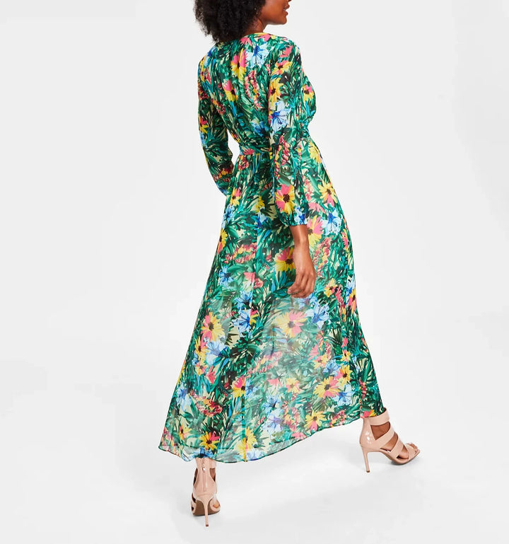 I.N.C. International Concepts Floral-Print Long-Sleeve V-Neck Maxi Dress