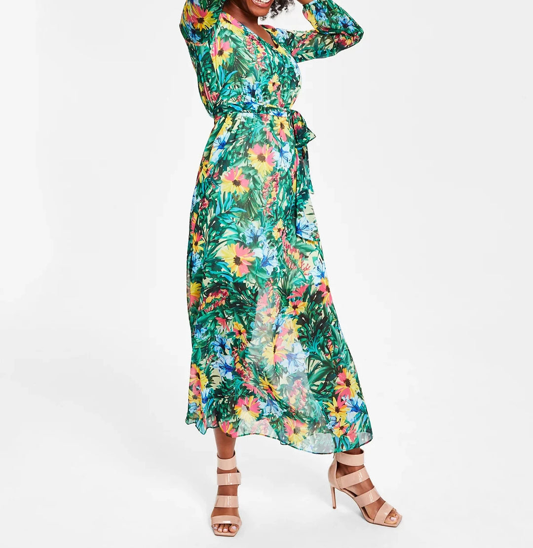 I.N.C. International Concepts Floral-Print Long-Sleeve V-Neck Maxi Dress