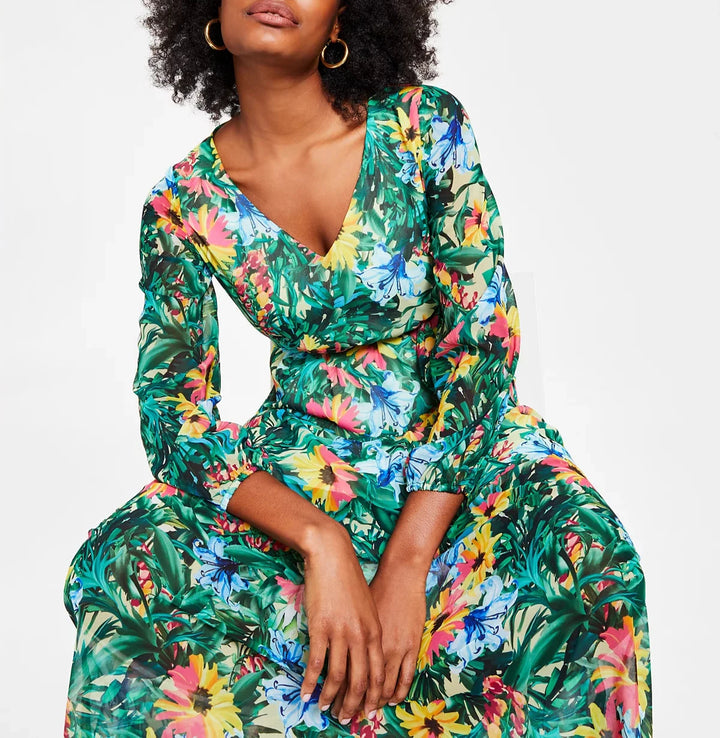 I.N.C. International Concepts Floral-Print Long-Sleeve V-Neck Maxi Dress