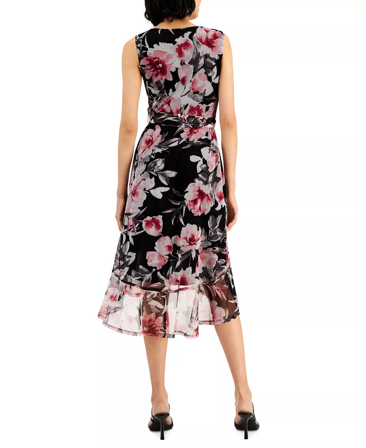 Connected Floral-Print Ruffled Faux-Wrap Dress
