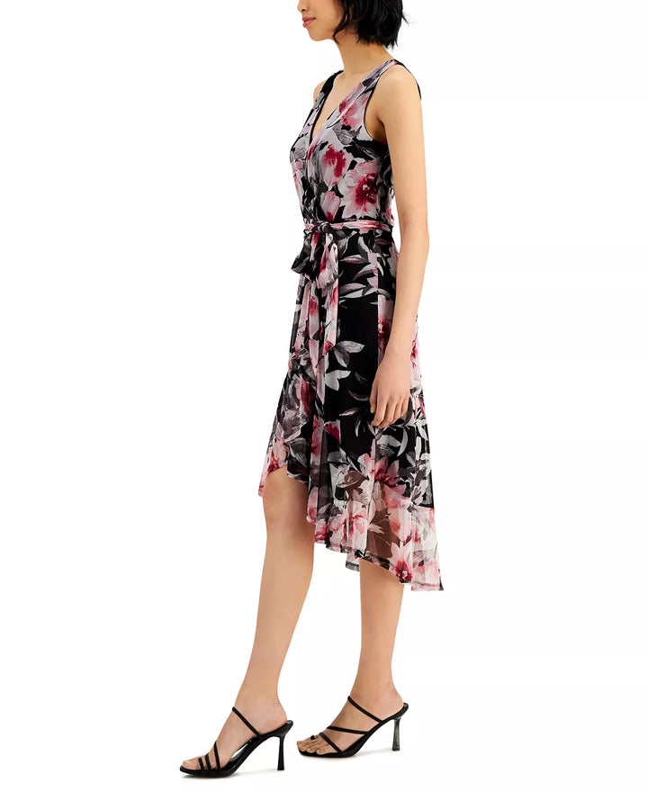 Connected Floral-Print Ruffled Faux-Wrap Dress