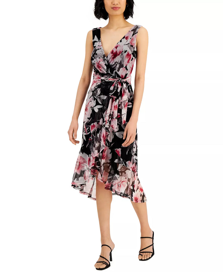 Connected Floral-Print Ruffled Faux-Wrap Dress