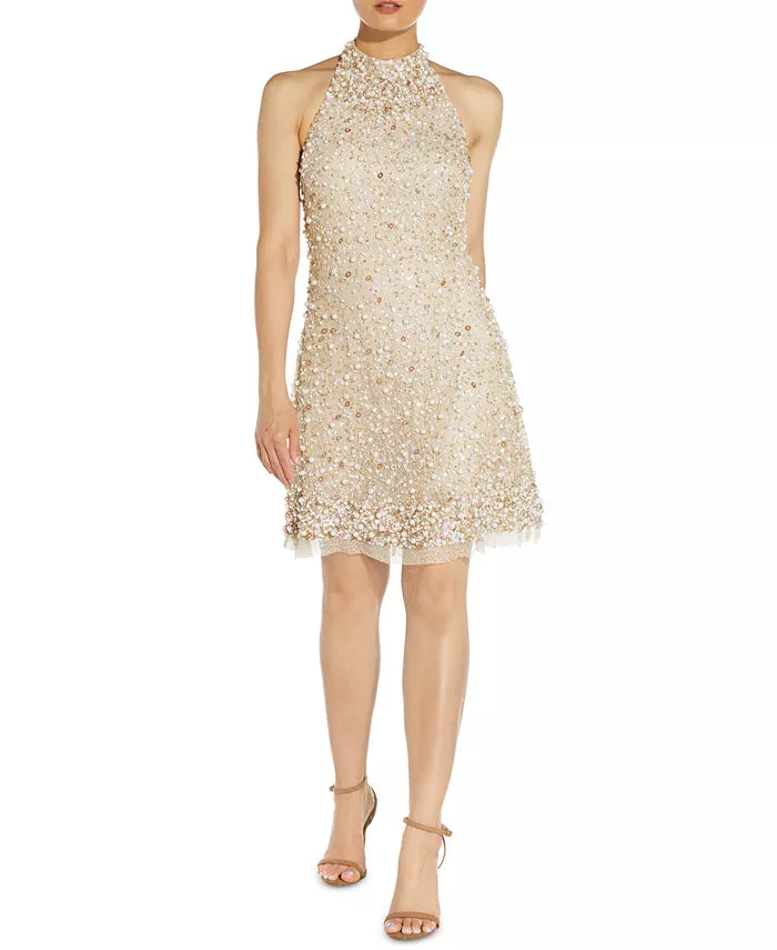 Aidan by Aidan Mattox Beaded Halter Swing Dress