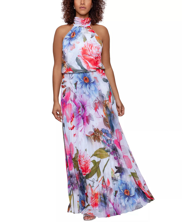 Betsy & Adam Petite Floral-Print Pleated Gown