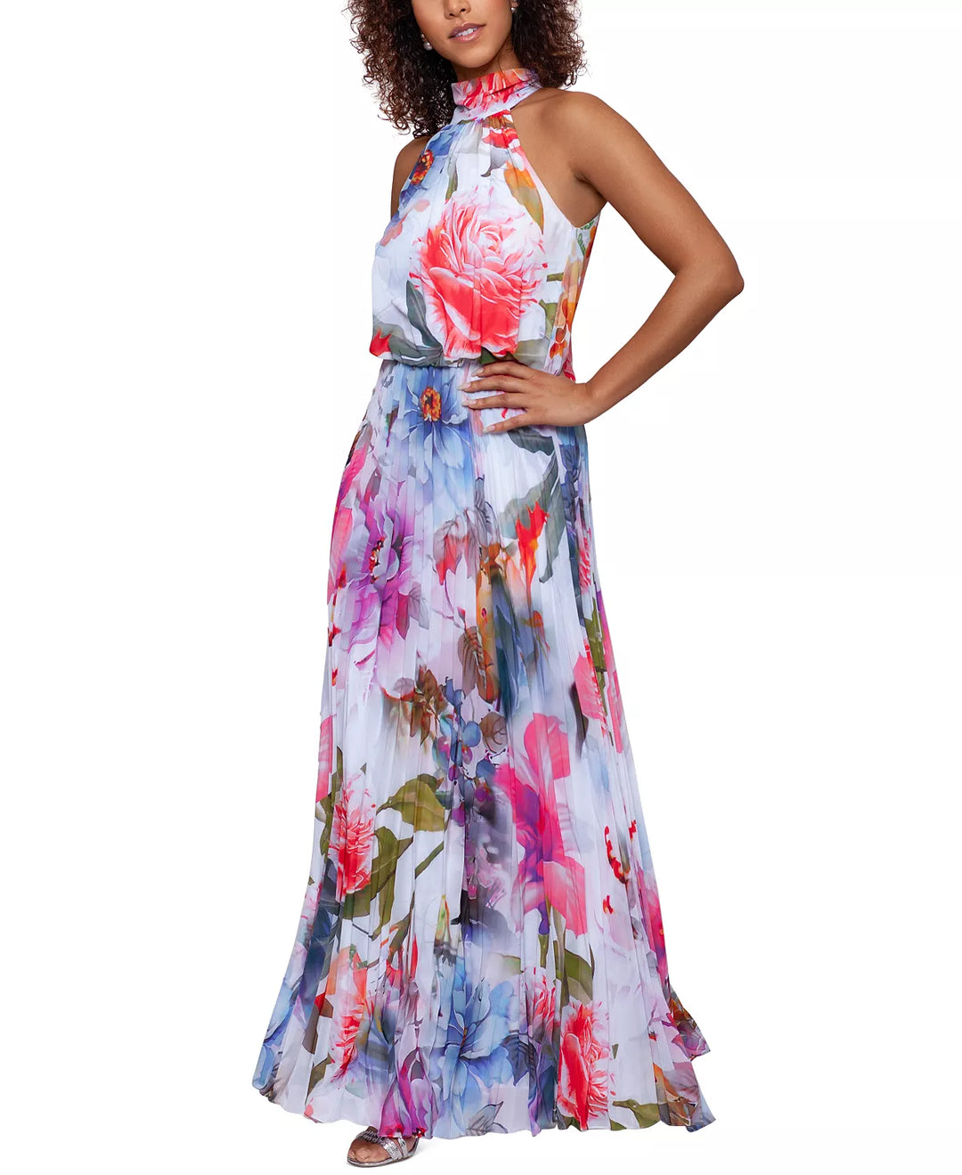 Betsy & Adam Petite Floral-Print Pleated Gown