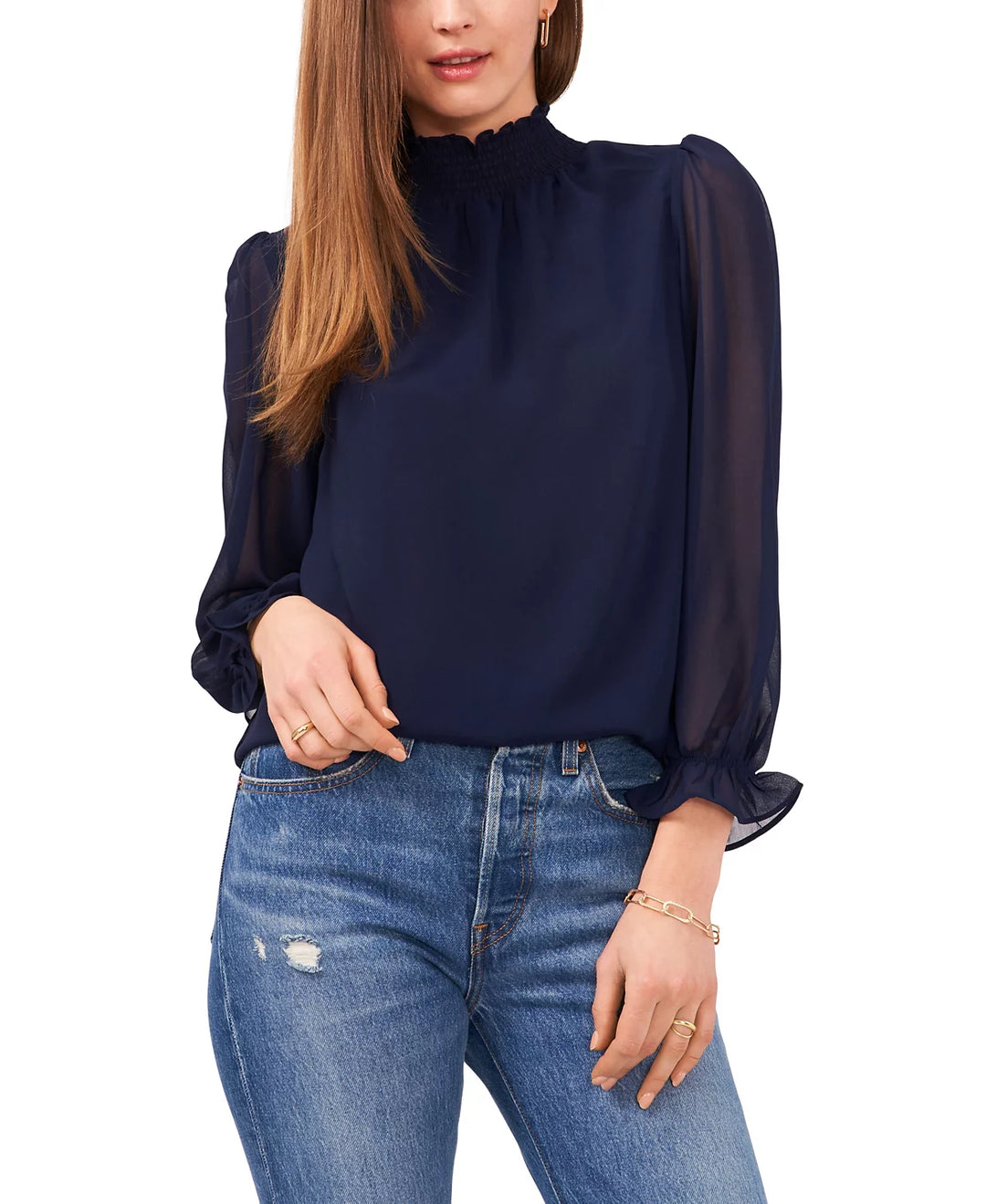 1.STATE Smocked-Neck Blouse