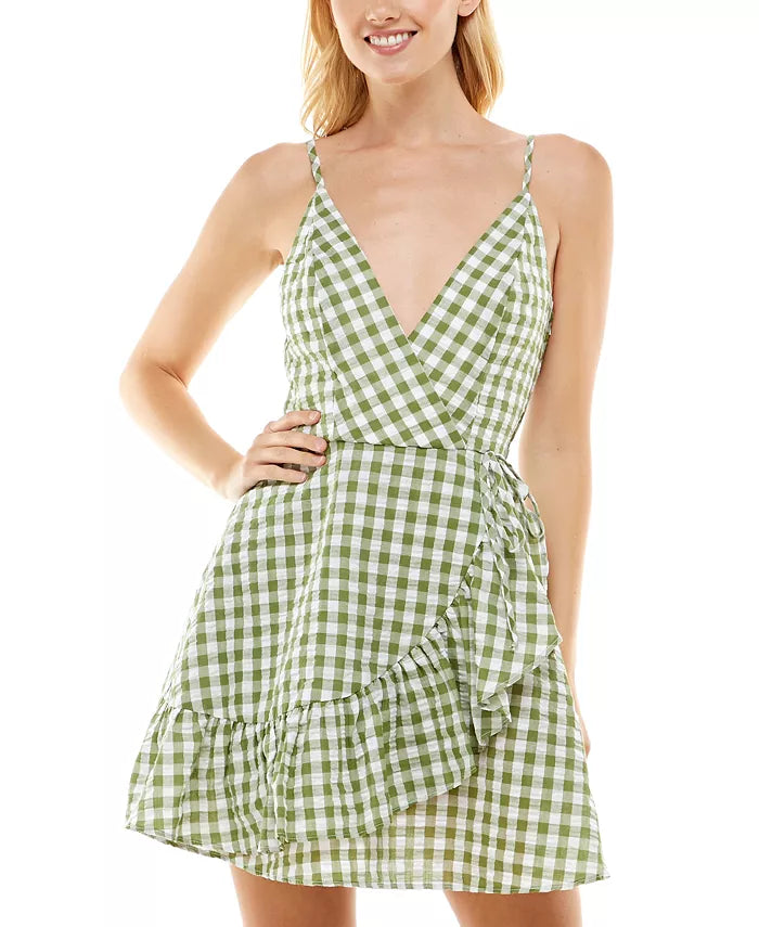 Speechless Juniors' Gingham Cotton Faux-Wrap Dress