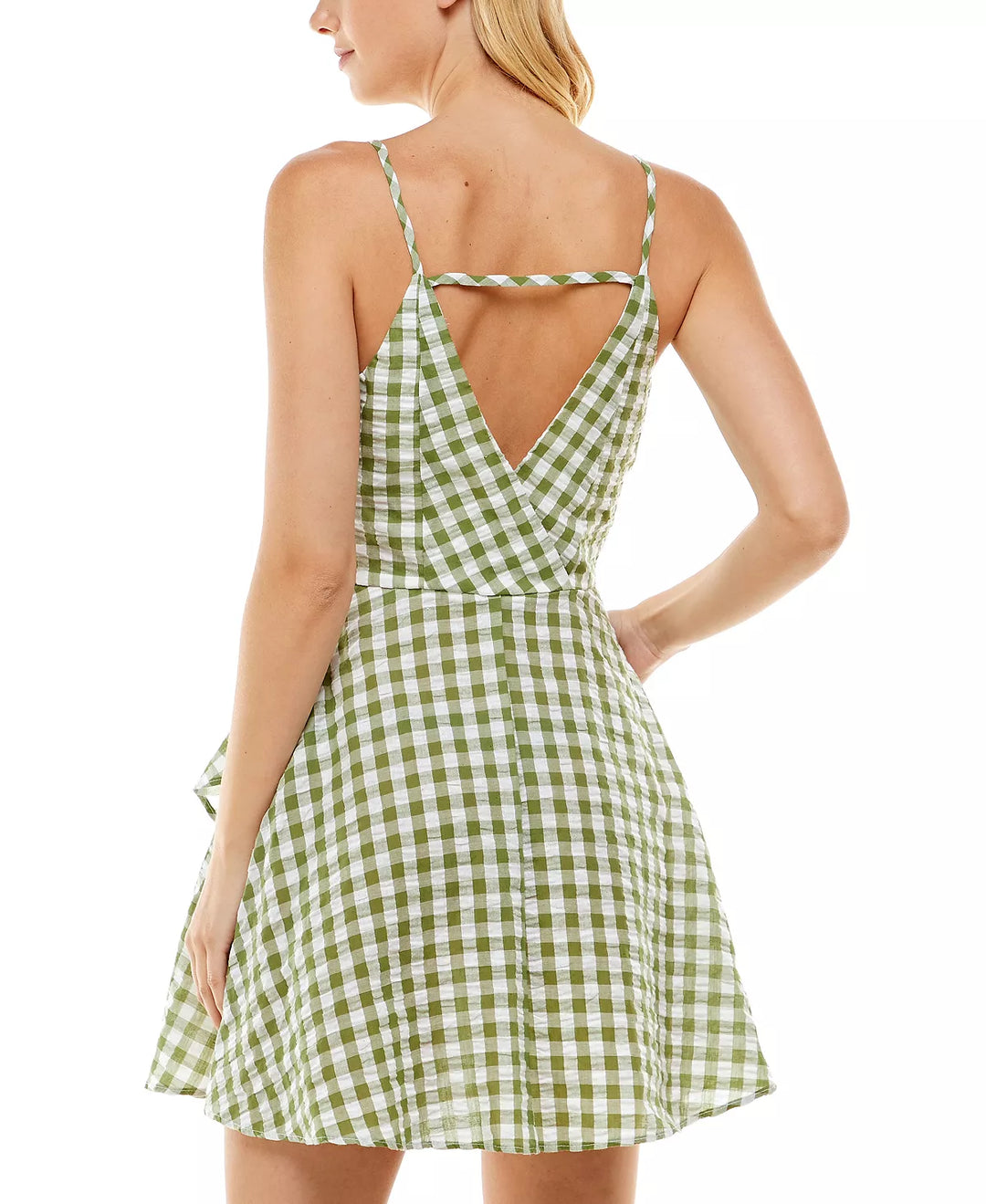 Speechless Juniors' Gingham Cotton Faux-Wrap Dress