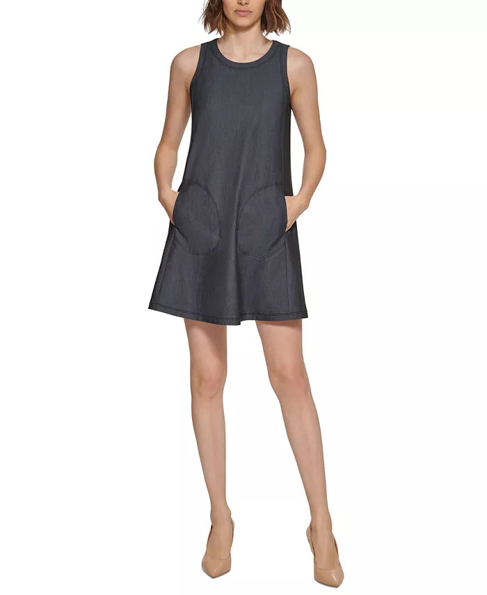 Calvin Klein Petite Sleeveless Pocketed Denim Shift Dress