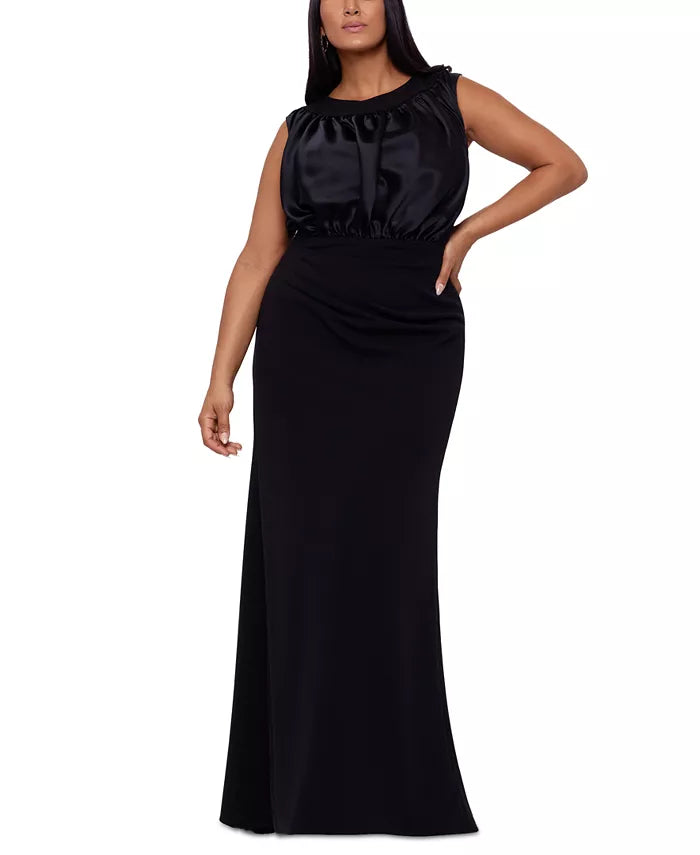 Betsy & Adam Plus Size Satin-Blouson Scuba Crepe Gown