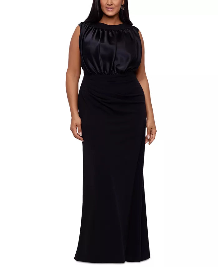 Betsy & Adam Plus Size Satin-Blouson Scuba Crepe Gown