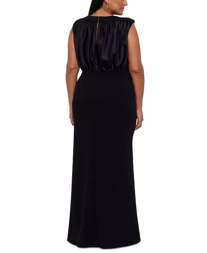 Betsy & Adam Plus Size Satin-Blouson Scuba Crepe Gown
