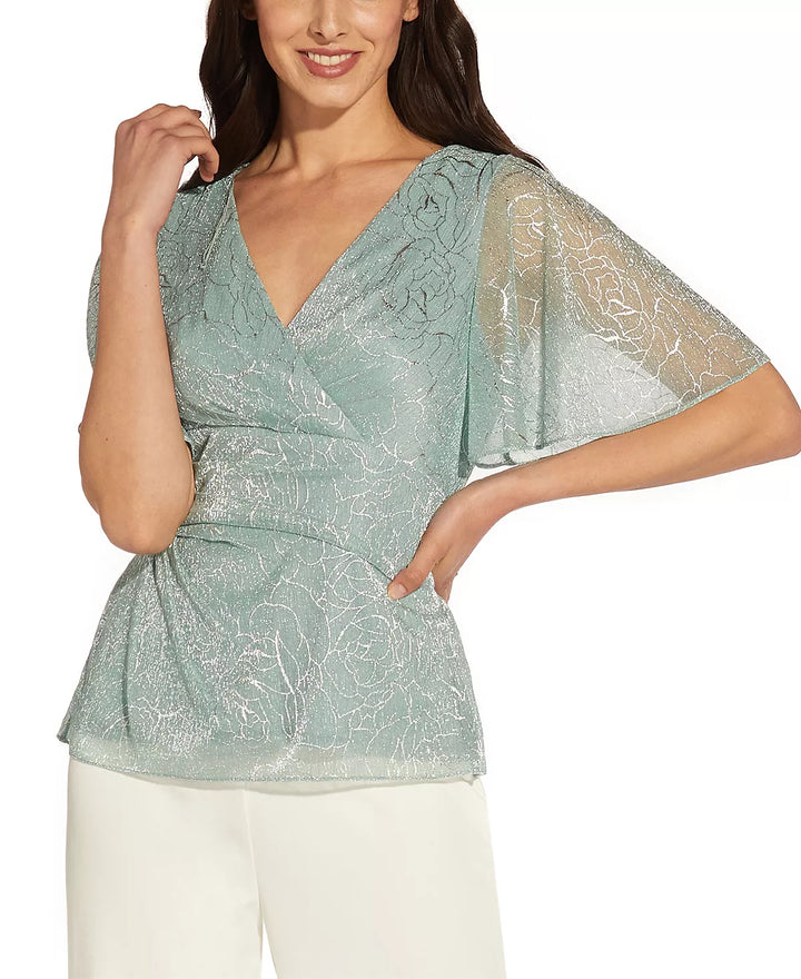 Adrianna Papell Metallic Printed Flutter-Sleeve Top