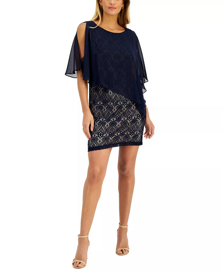 Connected Chiffon-Overlay Lace Sheath Dress