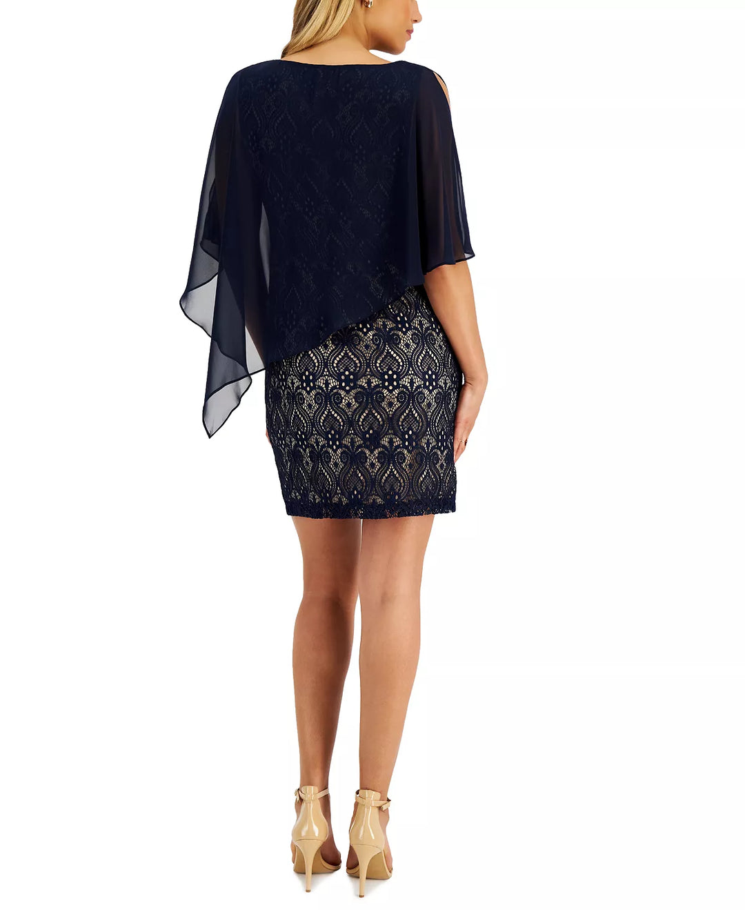 Connected Chiffon-Overlay Lace Sheath Dress