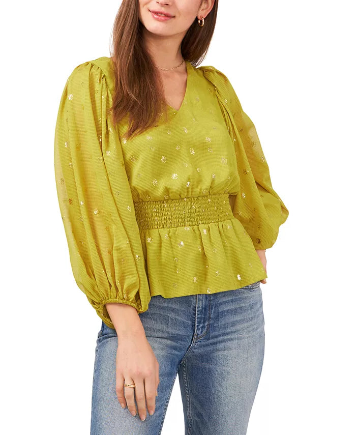 Vince Camuto Foiled Smocked-Hem Puff-Sleeve Blouse