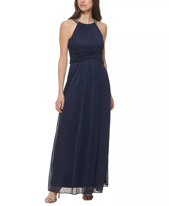 Jessica Howard Embellished-Neck Ruched-Front Gown