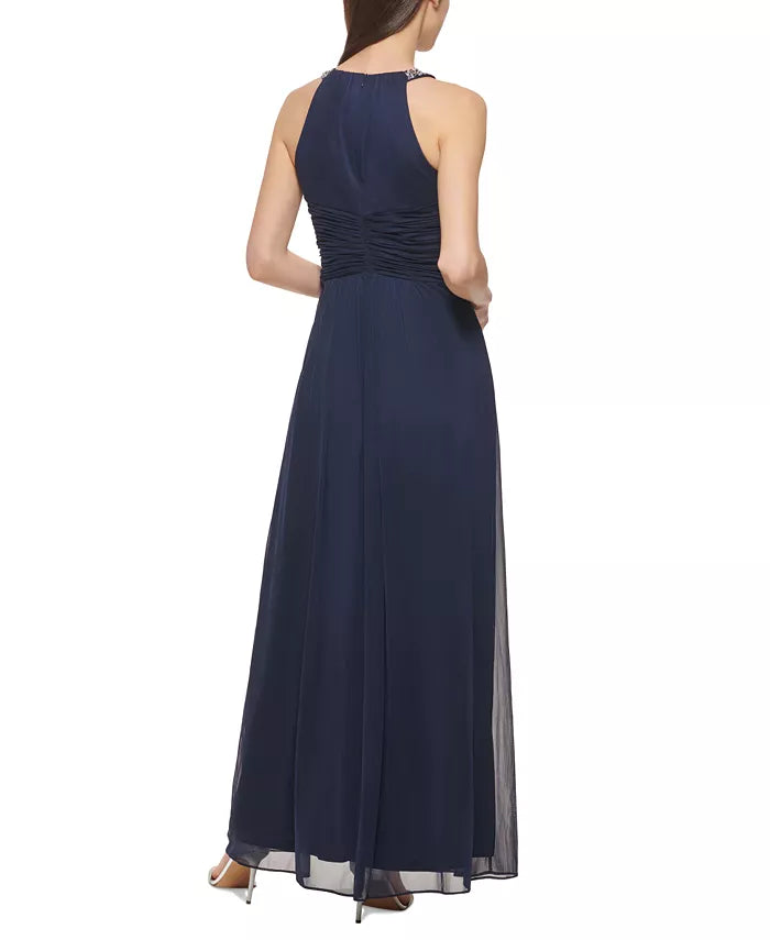 Jessica Howard Embellished-Neck Ruched-Front Gown