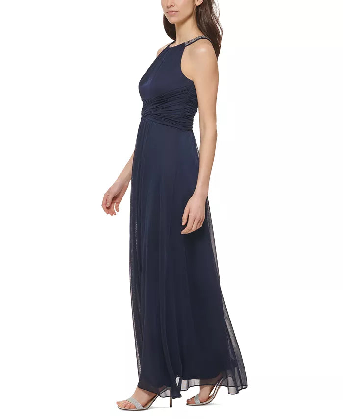Jessica Howard Embellished-Neck Ruched-Front Gown