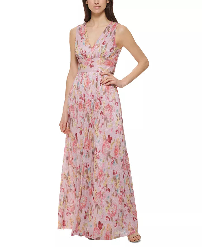 Jessica Howard Metallic Pleated Chiffon Gown