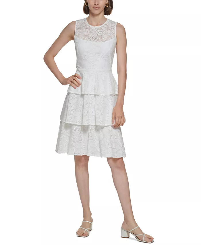 CALVIN KLEIN Petite Sleeveless Tiered Lace Fit & Flare Dress