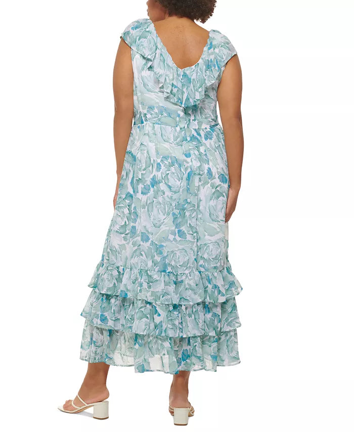 Calvin Klein Plus Size Chiffon Ruffle V-Neck Tiered Maxi Dress