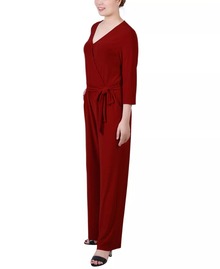 NY Collection Petite 3/4 Sleeve Belted Wide Leg Jumpsuit