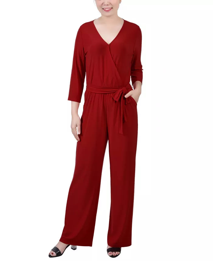 NY Collection Petite 3/4 Sleeve Belted Wide Leg Jumpsuit