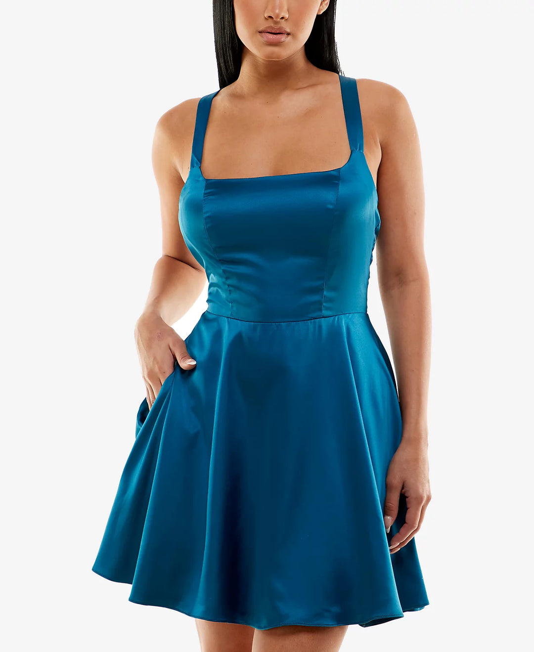 b darlin satin lace up dress B Darlin Crisscross-Back Satin Pocket Dress – DGFOutlet