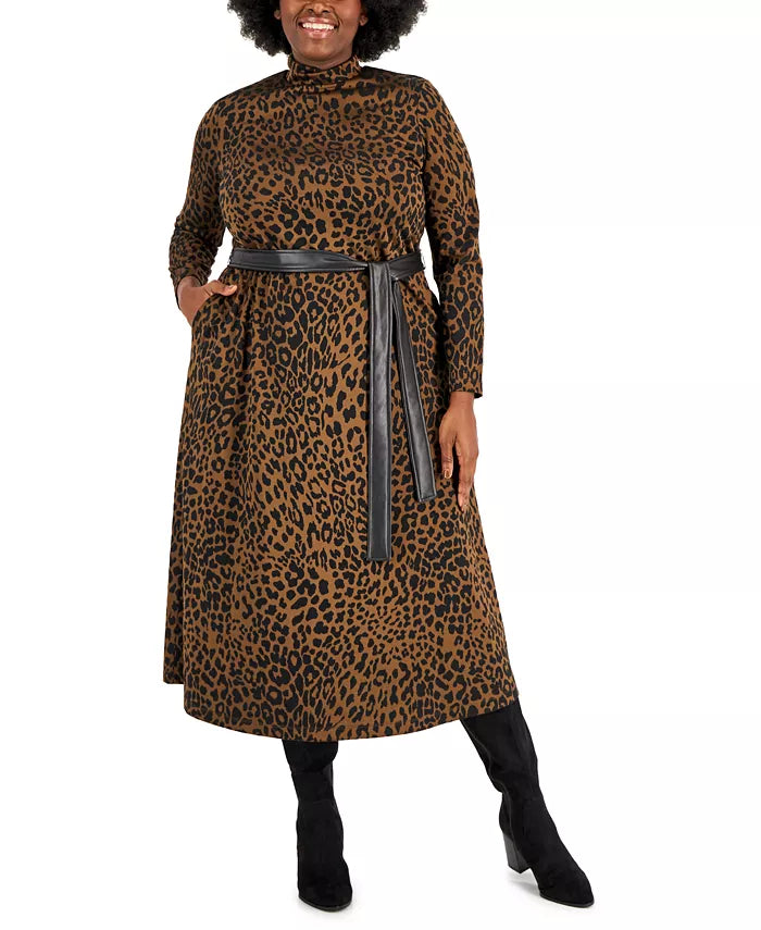 Anne Klein Plus Size Jacquard Leopard Mock-Neck Midi Dress