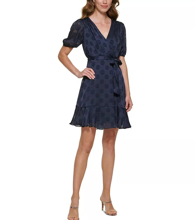 DKNY Satin-Dot Faux-Wrap Dress
