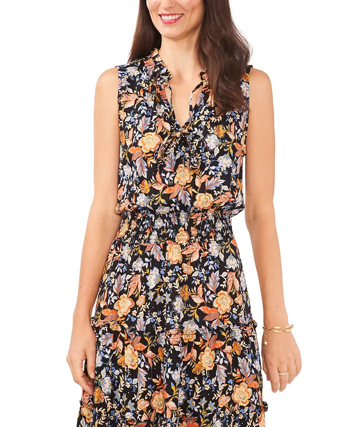 MSK Floral-Print Smocked-Waist Tiered Maxi Dress