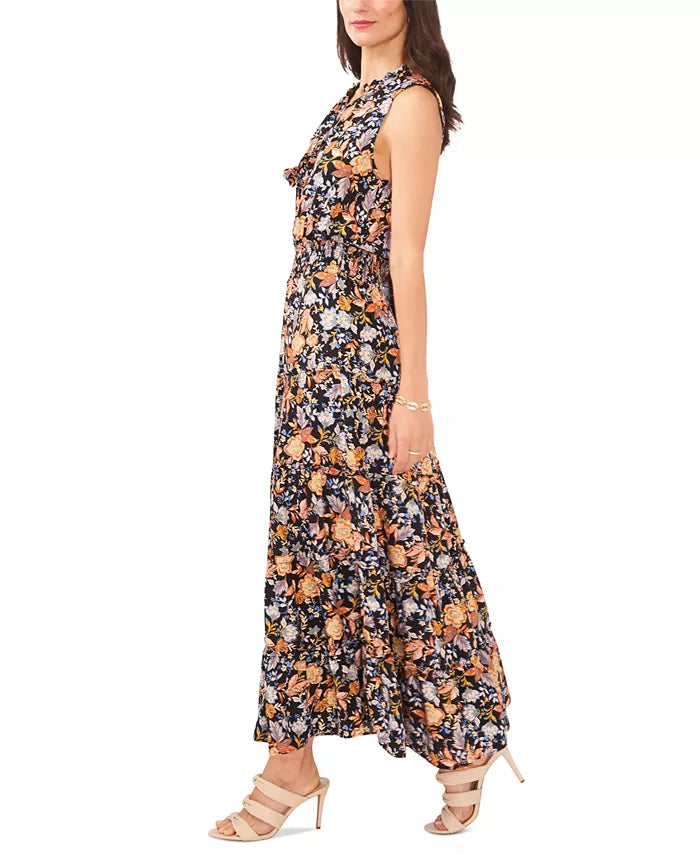MSK Floral-Print Smocked-Waist Tiered Maxi Dress