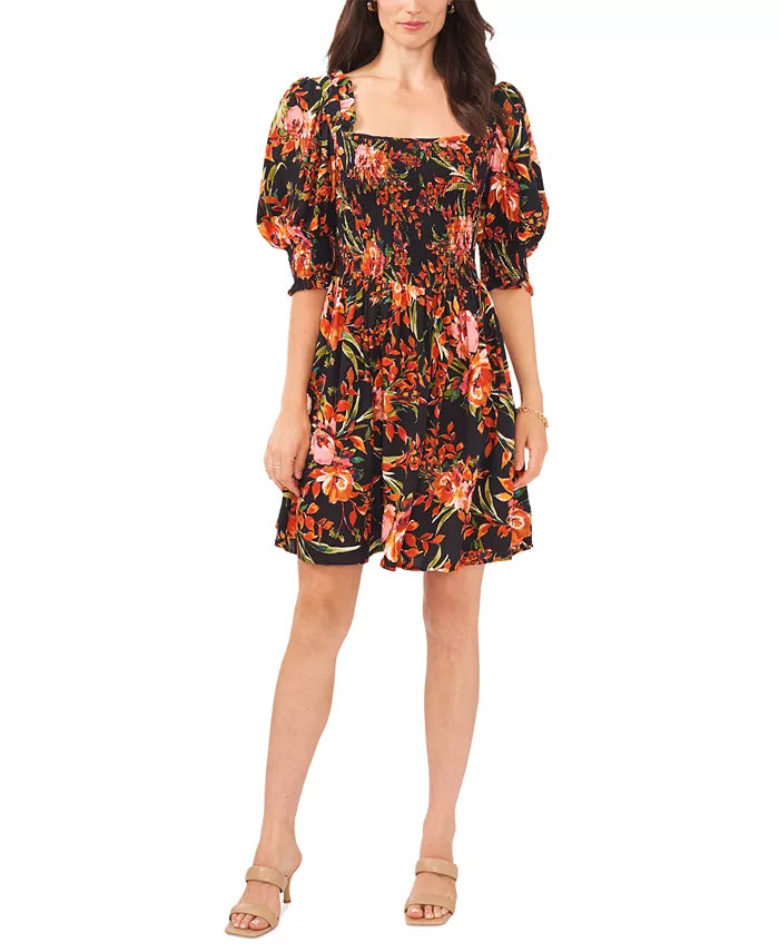 MSK Women's Printed Puff-Sleeve Challis Dress