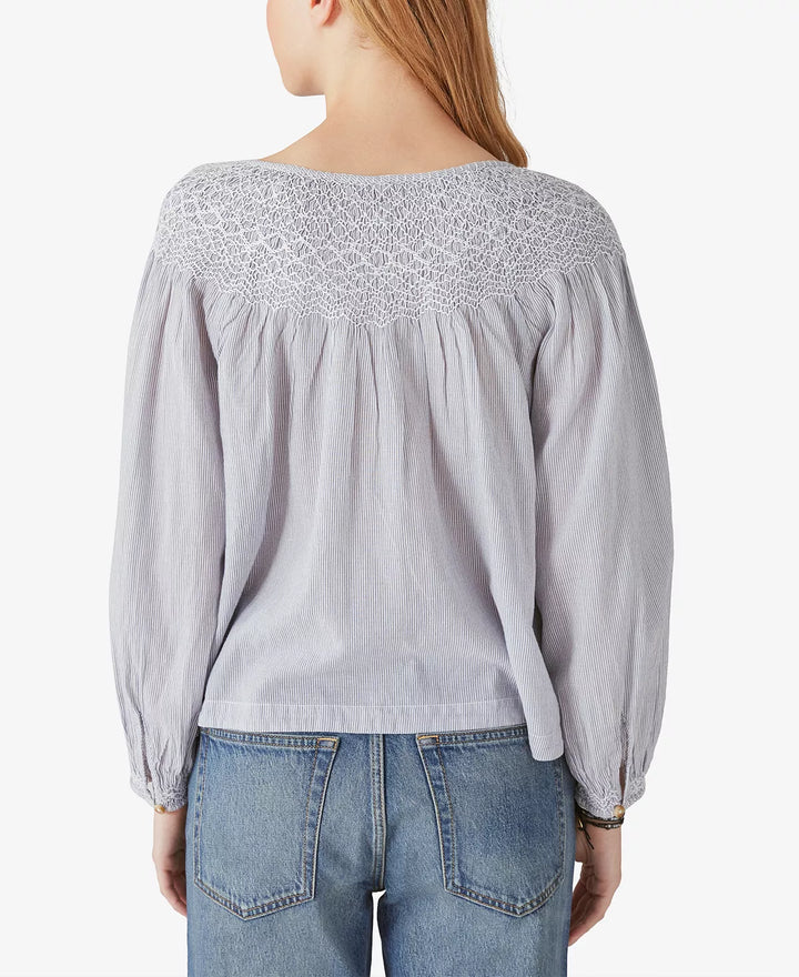 Lucky Brand Striped Smocked Cotton Peasant Blouse