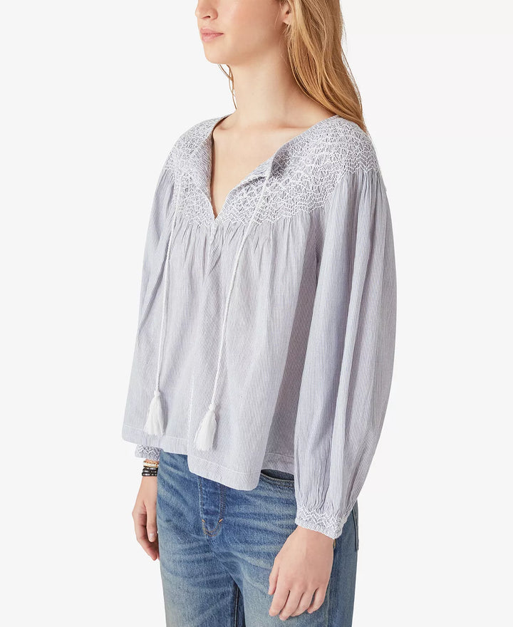 Lucky Brand Striped Smocked Cotton Peasant Blouse