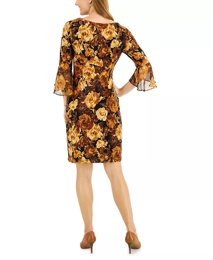 Connected Ruched Flared-Sleeve Sheath Dress