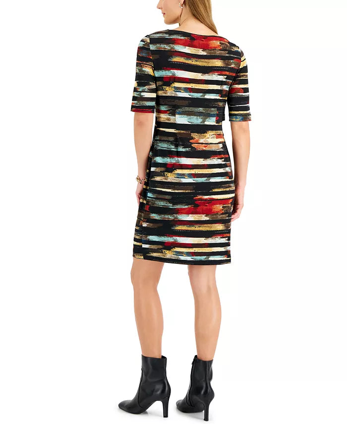 Connected Round Neck Elbow-Sleeve Sheath Dress