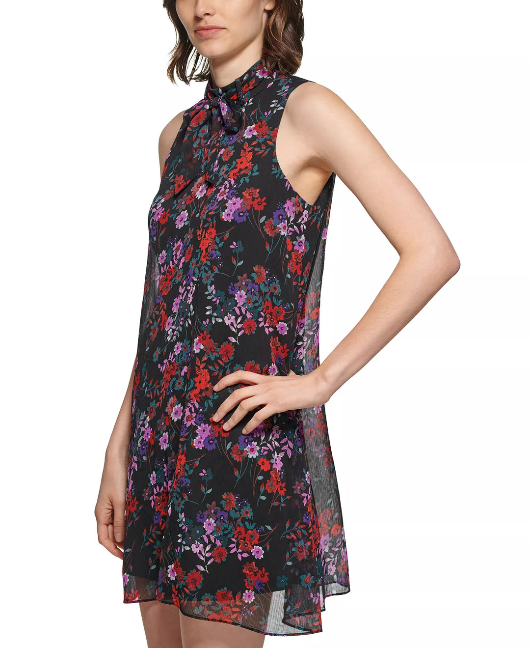 Calvin Klein Petite Floral-Print Tie-Neck Shift Dress