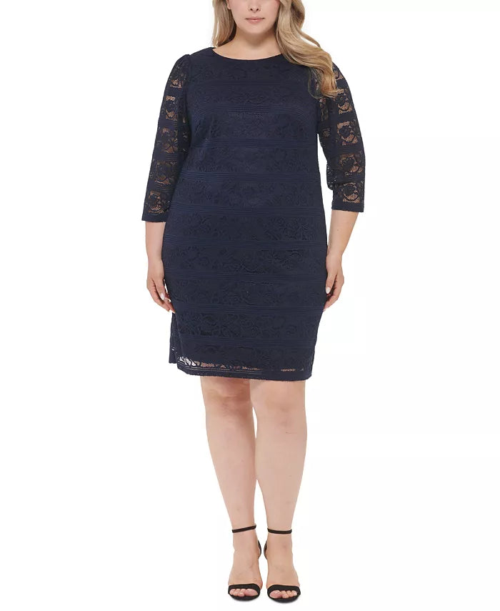 Jessica Howard Plus Size Lace 3/4-Sleeve Sheath Dress
