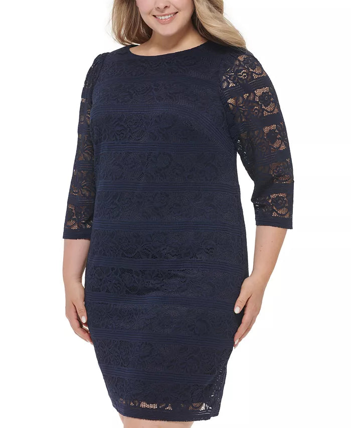 Jessica Howard Plus Size Lace 3/4-Sleeve Sheath Dress