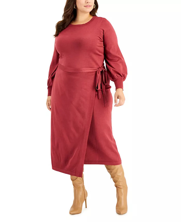 Taylor Plus Size Faux-Wrap Long-Sleeve Sweater Dress