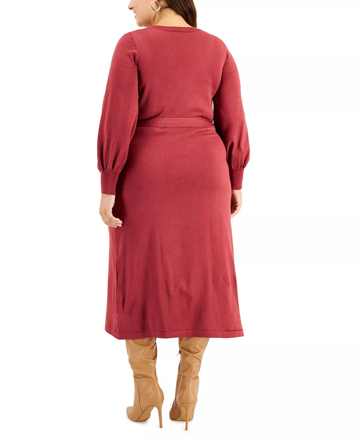 Taylor Plus Size Faux-Wrap Long-Sleeve Sweater Dress