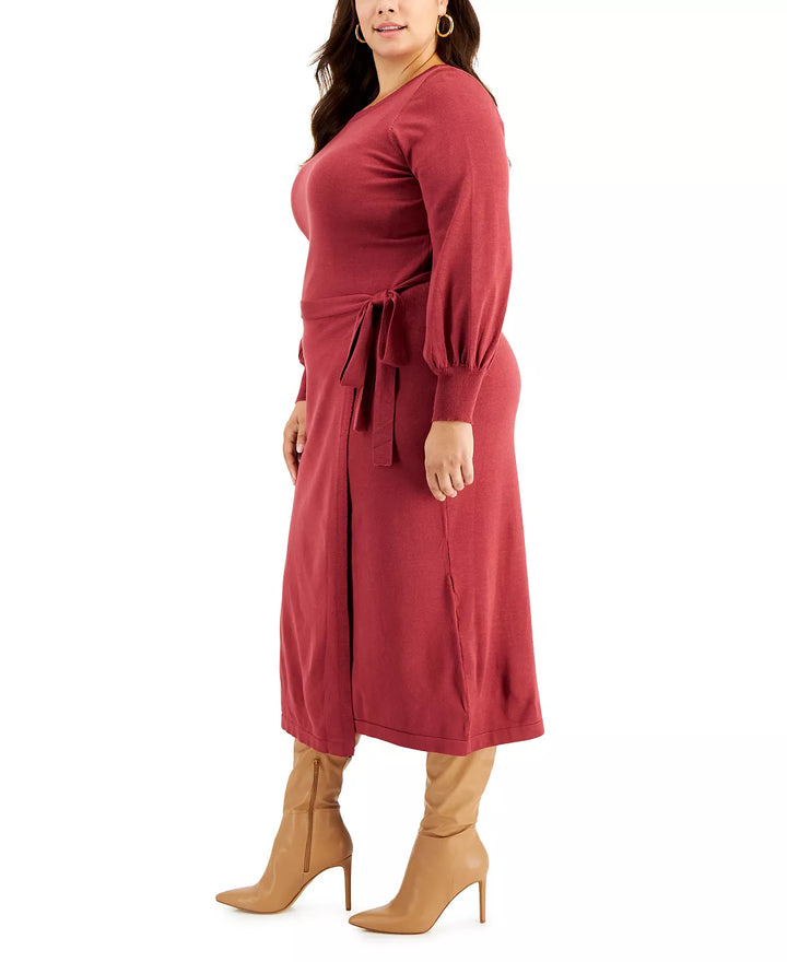 Taylor Plus Size Faux-Wrap Long-Sleeve Sweater Dress