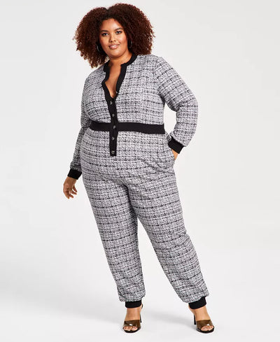 Nina Parker Plus Size Tweed Contrast-Trim Button-Front Jumpsuit