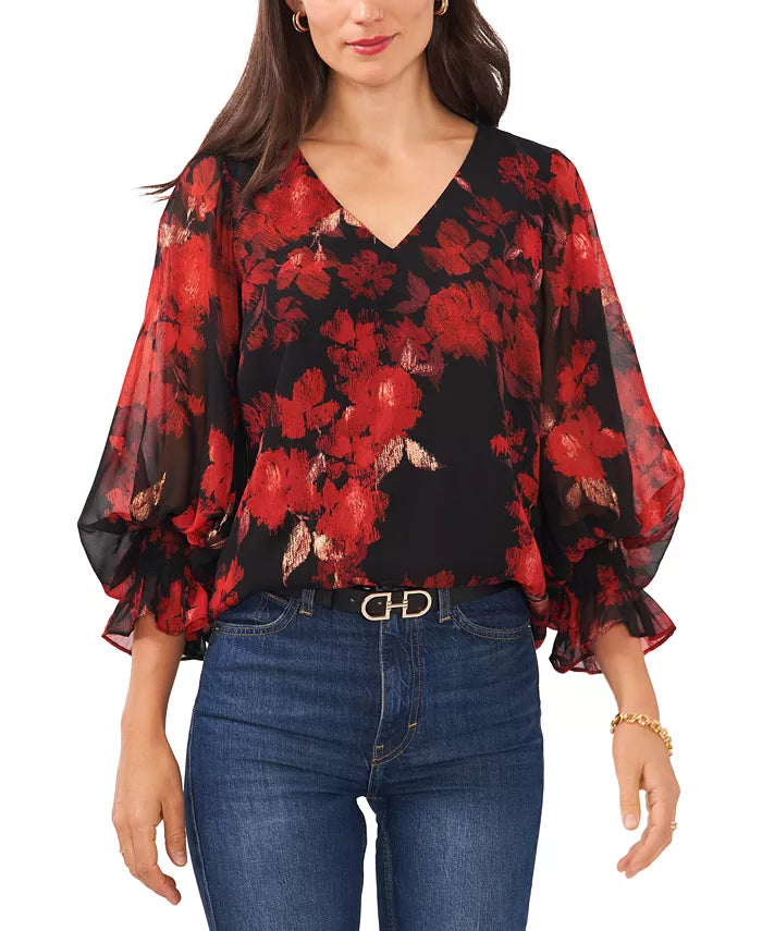 Vince Camuto Floral-Print Balloon-Sleeve Top