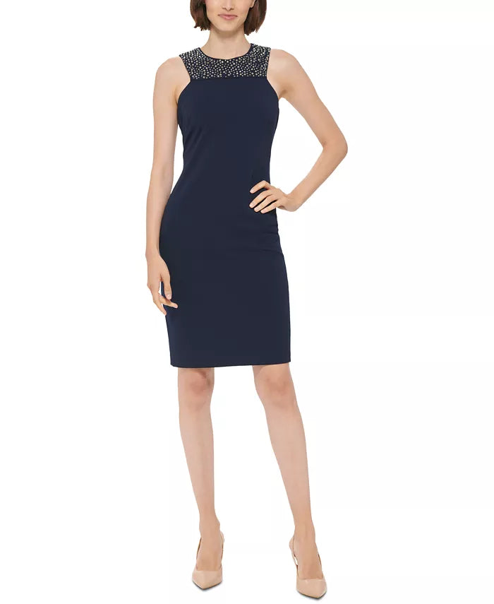 Calvin Klein Rhinestone-Neck Scuba-Crepe Sheath Dress