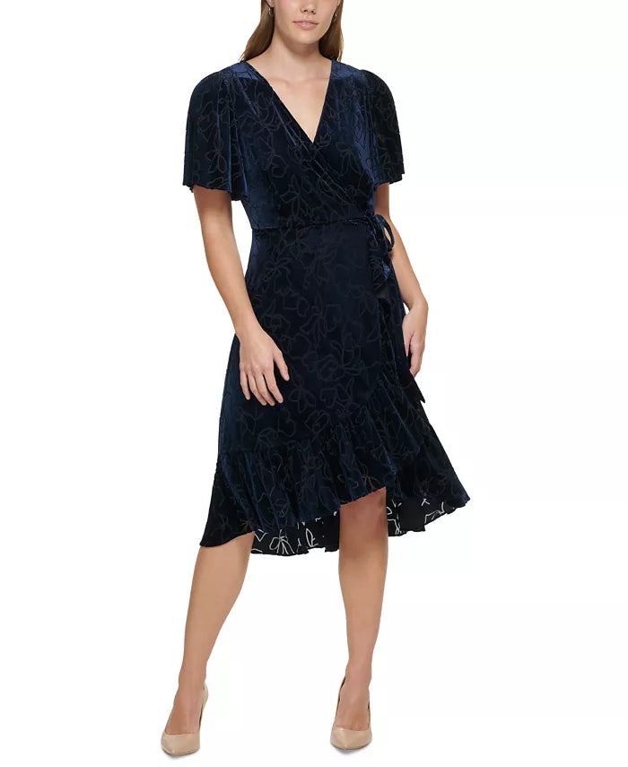 Calvin Klein Burnout Velvet Faux-Wrap A-Line Dress